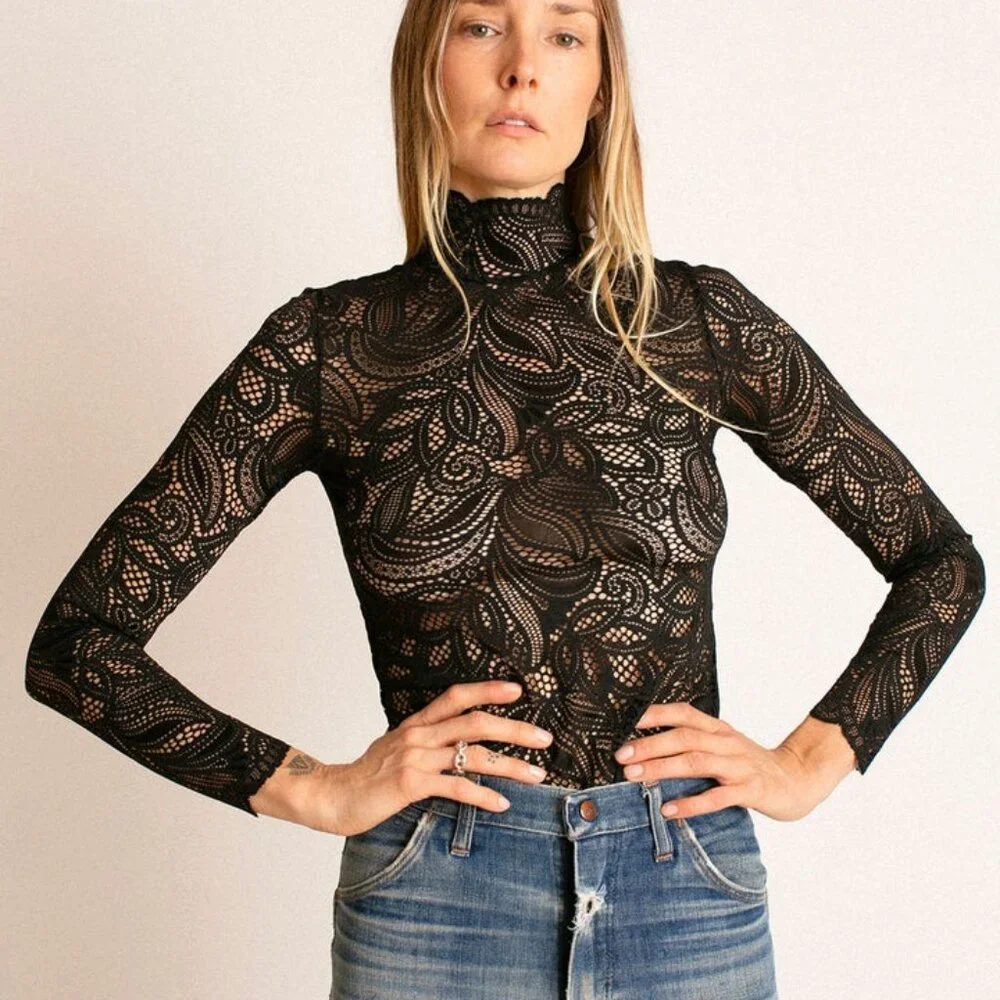 New Beaufille Rodin Blouse in Black lace mesh long sleeve sheer top - Picture 2 of 12